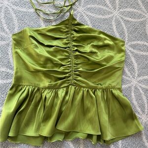 Cinq à Sept Colby Peplum Olive Green Silk Ruched Halter Top